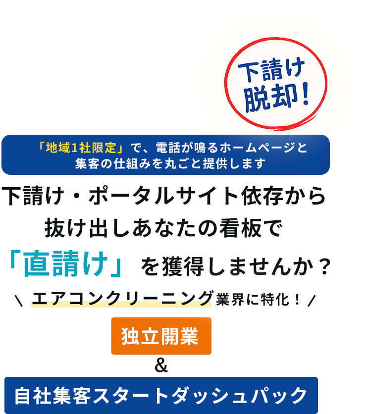 「地域1社限定」で、電話が鳴るホームページと集客の仕組みを丸ごと提供します下請け・ポータルサイト依存から抜け出しあなたの看板で「直請け」を獲得しませんか？