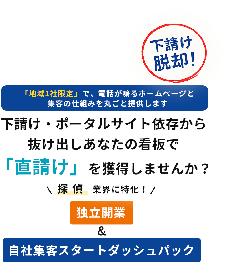 「地域1社限定」で、電話が鳴るホームページと集客の仕組みを丸ごと提供します下請け・ポータルサイト依存から抜け出しあなたの看板で「直請け」を獲得しませんか？