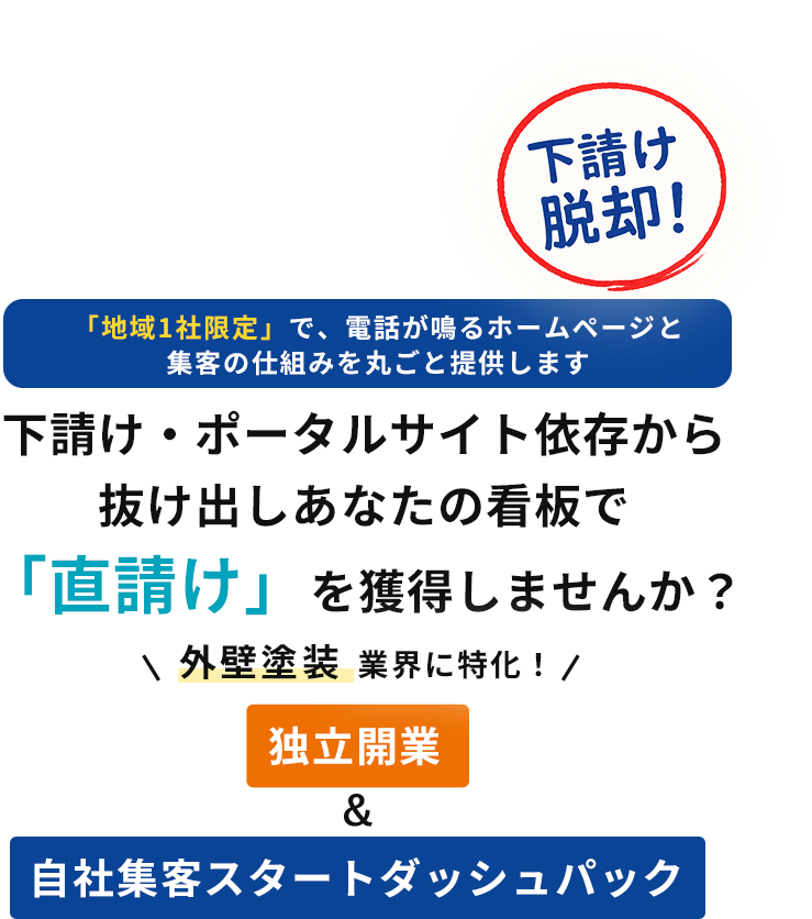 「地域1社限定」で、電話が鳴るホームページと集客の仕組みを丸ごと提供します下請け・ポータルサイト依存から抜け出しあなたの看板で「直請け」を獲得しませんか？