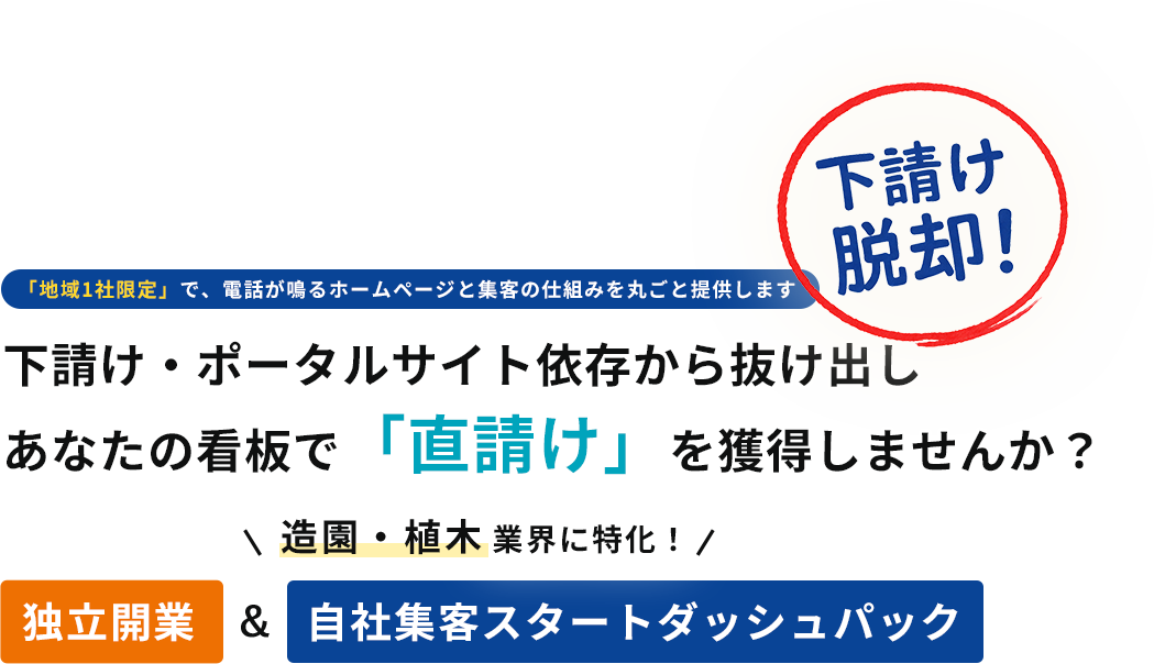 「地域1社限定」で、電話が鳴るホームページと集客の仕組みを丸ごと提供します下請け・ポータルサイト依存から抜け出しあなたの看板で「直請け」を獲得しませんか？